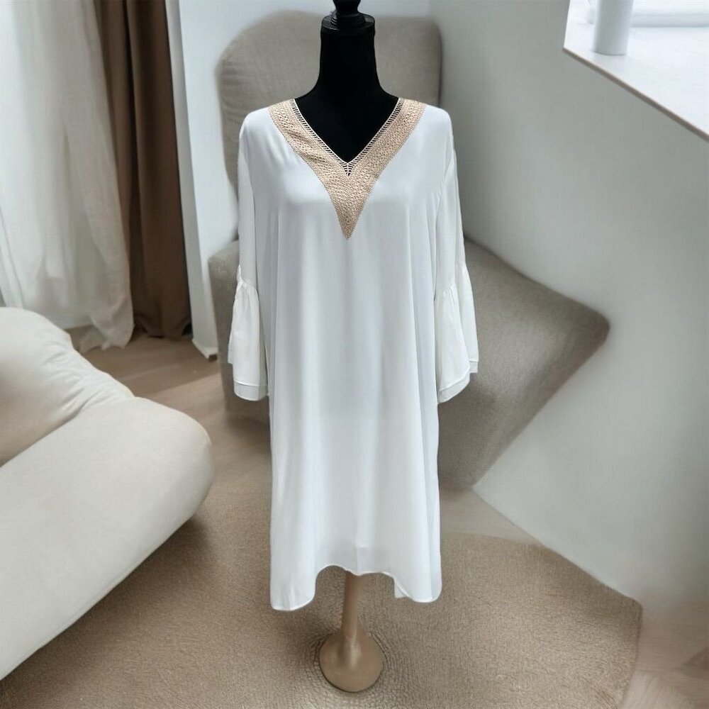 Elegant White Kaftan with Gold Embellished V-Neck